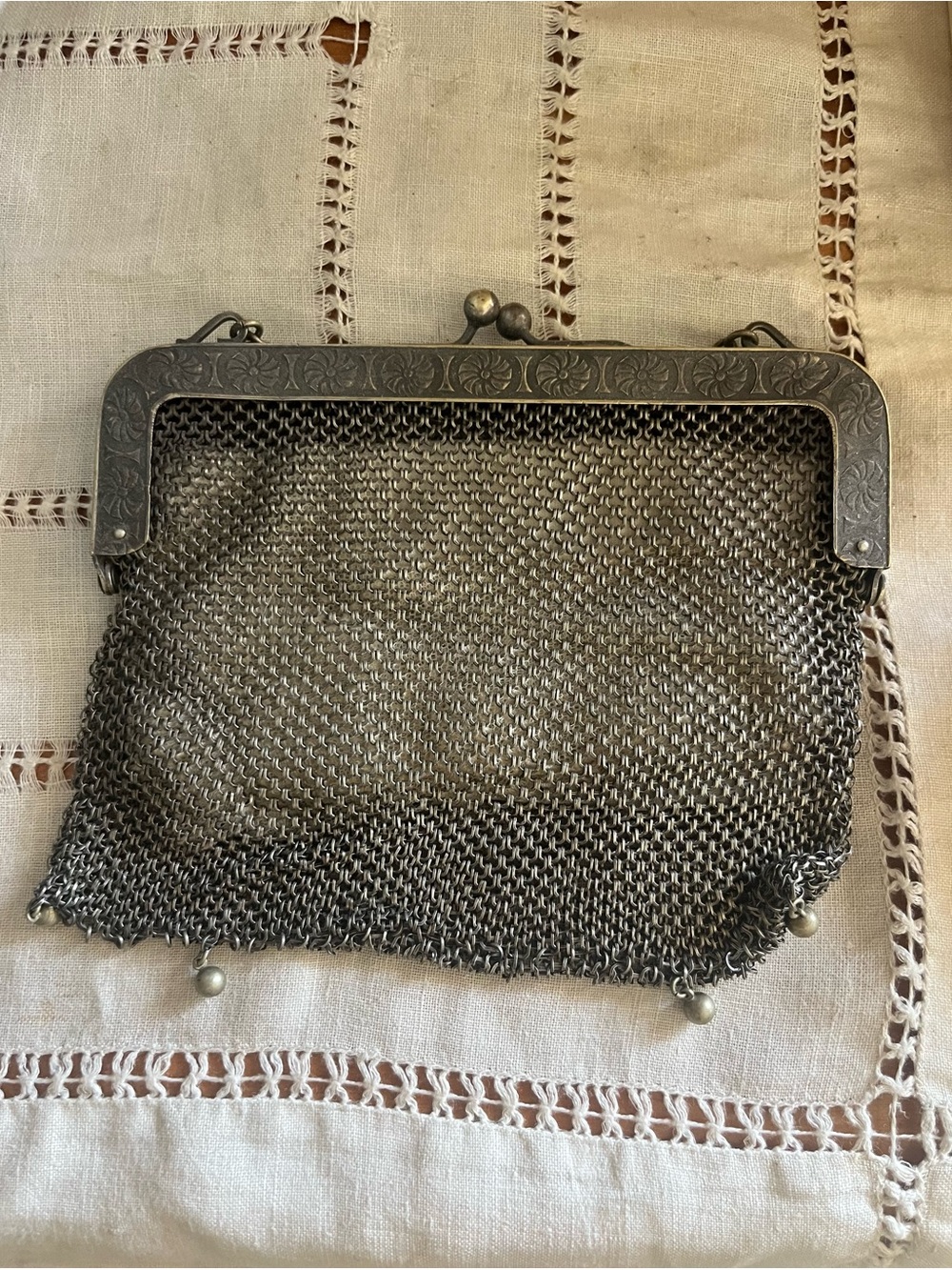 Antique Silver Mesh Evening Bag with Engraved Frame